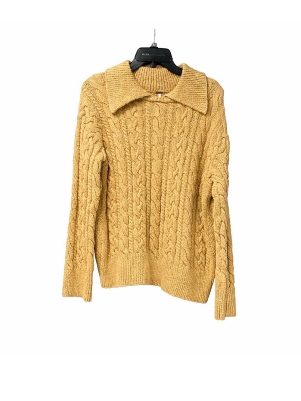 Free People Mustard Yellow Cable Knit Collared Pullover Sweater Women's Size XS